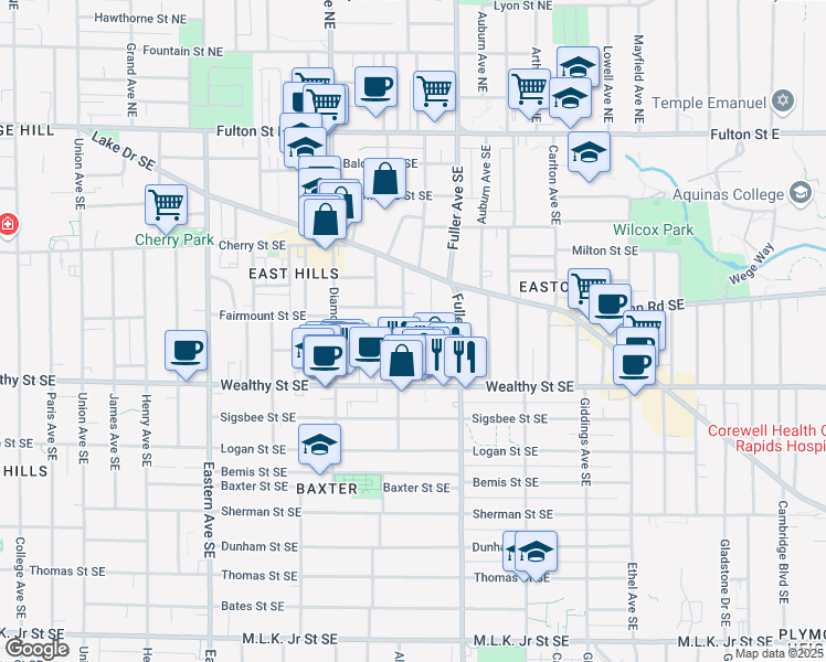 map of restaurants, bars, coffee shops, grocery stores, and more near 313 Orchard Hill Street Southeast in Grand Rapids