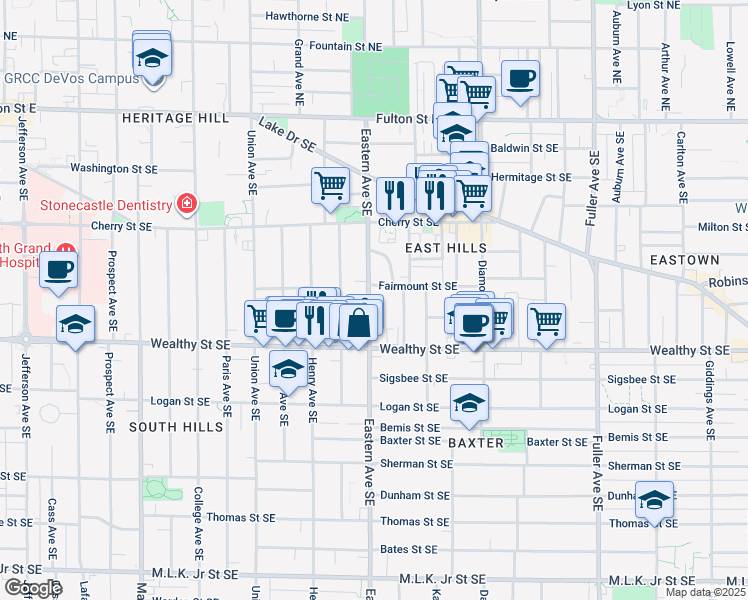 map of restaurants, bars, coffee shops, grocery stores, and more near 319 Hollister Avenue Southeast in Grand Rapids