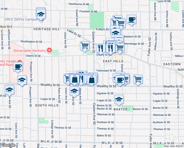 map of restaurants, bars, coffee shops, grocery stores, and more near 316 Charles Avenue Southeast in Grand Rapids