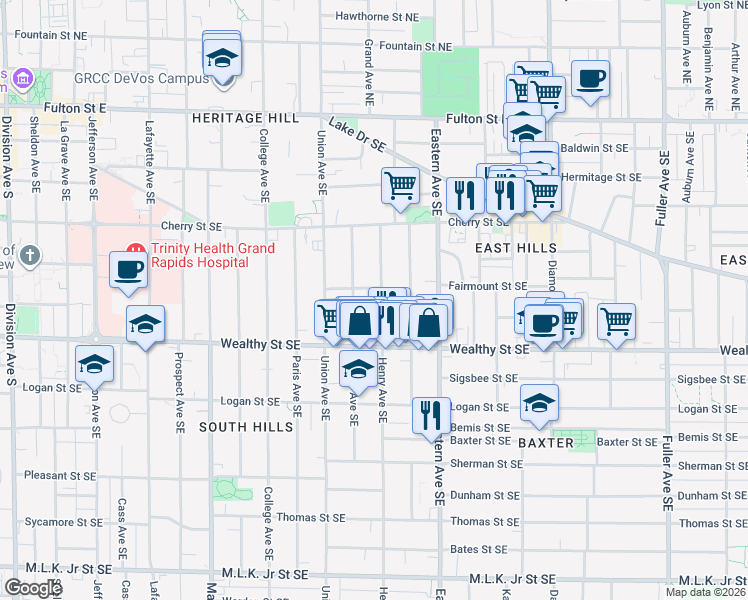map of restaurants, bars, coffee shops, grocery stores, and more near 316 Henry Avenue Southeast in Grand Rapids