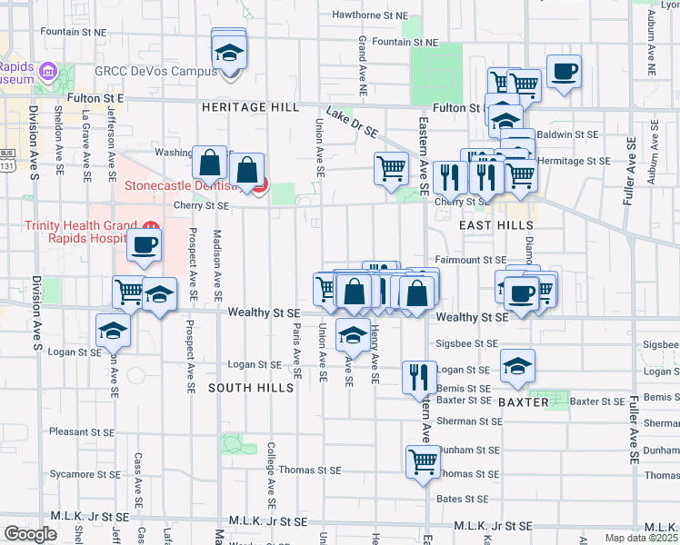 map of restaurants, bars, coffee shops, grocery stores, and more near 309 James Avenue Southeast in Grand Rapids