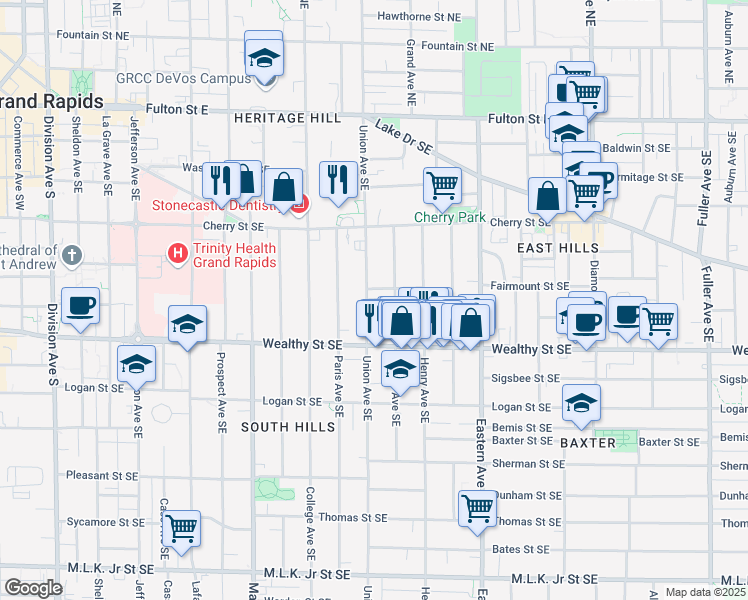 map of restaurants, bars, coffee shops, grocery stores, and more near 311 Union Avenue Southeast in Grand Rapids