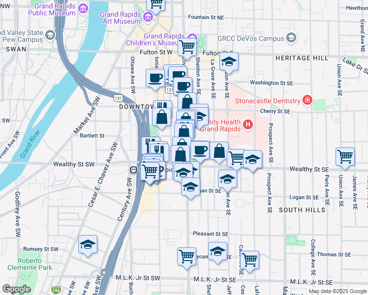 map of restaurants, bars, coffee shops, grocery stores, and more near 309 Division Avenue South in Grand Rapids
