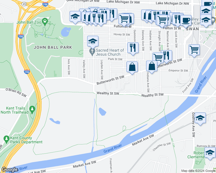 map of restaurants, bars, coffee shops, grocery stores, and more near 327 Marion Avenue Southwest in Grand Rapids