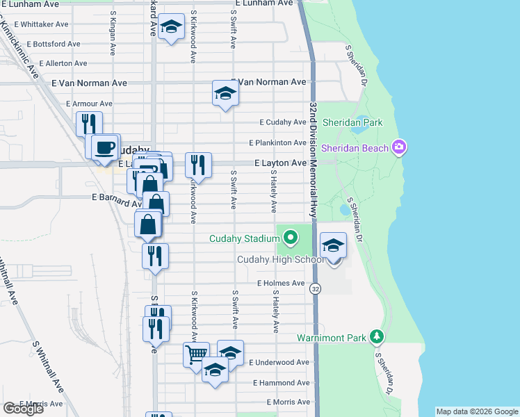map of restaurants, bars, coffee shops, grocery stores, and more near 3853 East Barnard Avenue in Cudahy