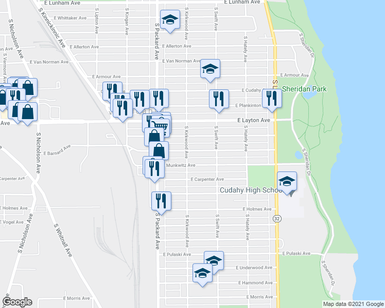 map of restaurants, bars, coffee shops, grocery stores, and more near 3735 East Barnard Avenue in Cudahy