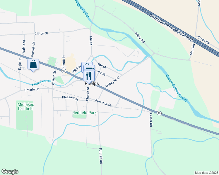map of restaurants, bars, coffee shops, grocery stores, and more near 58 Main Street in Phelps