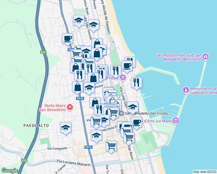 map of restaurants, bars, coffee shops, grocery stores, and more near 33 Via Marsala in San Benedetto del Tronto