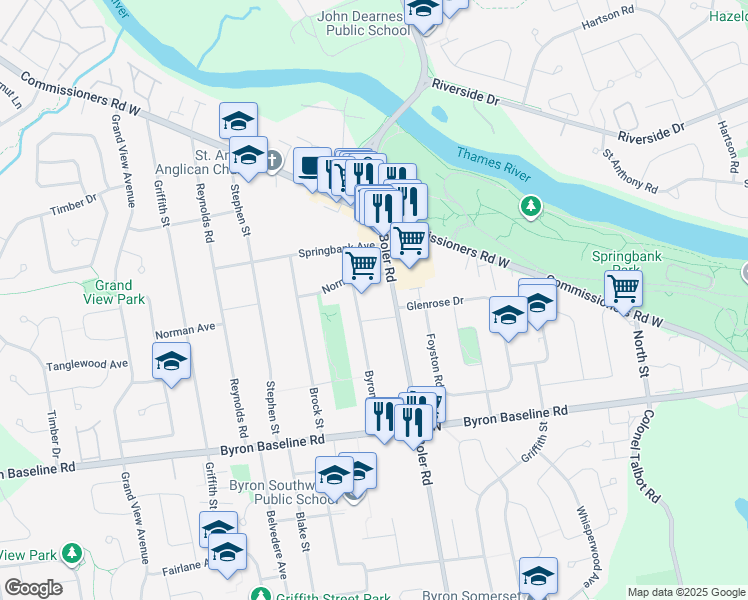 map of restaurants, bars, coffee shops, grocery stores, and more near 339 Boler Road in London