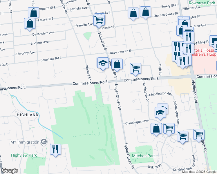 map of restaurants, bars, coffee shops, grocery stores, and more near 293 Commissioners Road East in London