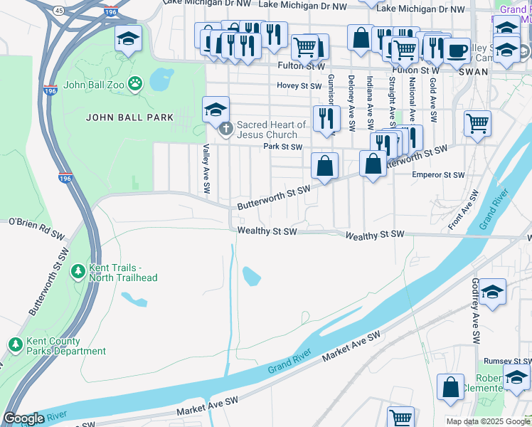 map of restaurants, bars, coffee shops, grocery stores, and more near 321 Marion Avenue Southwest in Grand Rapids