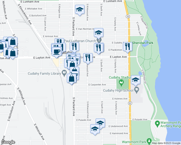 map of restaurants, bars, coffee shops, grocery stores, and more near 3715 East Barnard Avenue in Cudahy