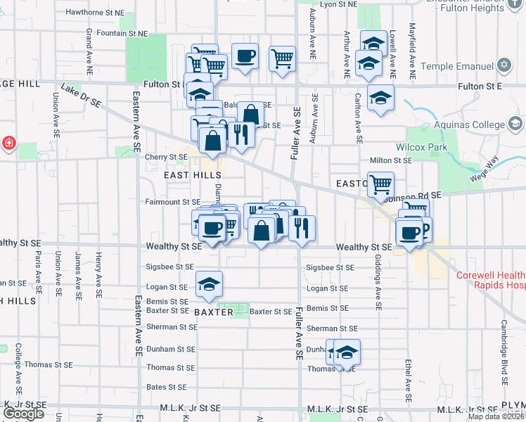 map of restaurants, bars, coffee shops, grocery stores, and more near 307 Calkins Avenue Southeast in Grand Rapids