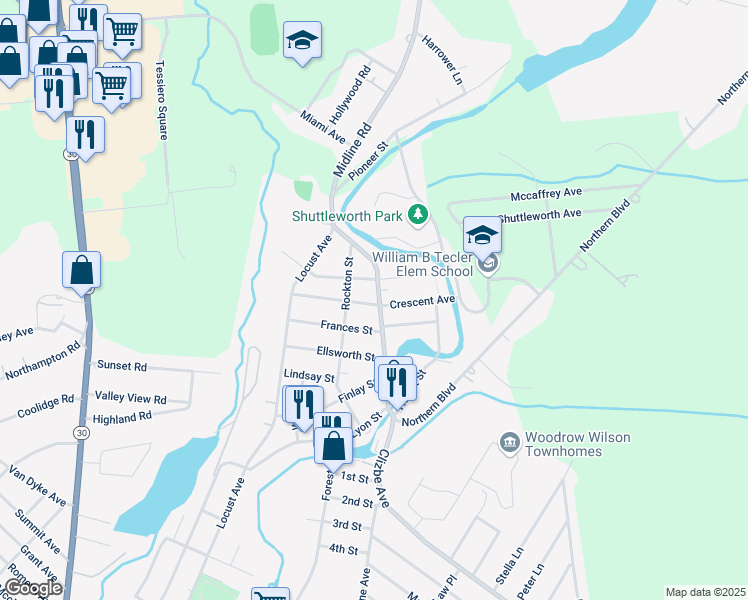 map of restaurants, bars, coffee shops, grocery stores, and more near 234 Clizbe Avenue in Amsterdam