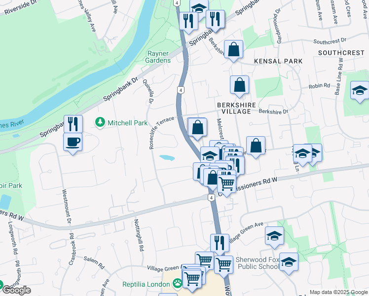 map of restaurants, bars, coffee shops, grocery stores, and more near 39 Trellis Crescent in London