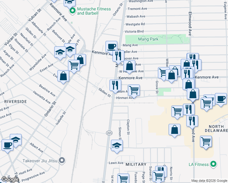 map of restaurants, bars, coffee shops, grocery stores, and more near Military Road & Blum Avenue in Buffalo