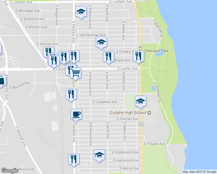 map of restaurants, bars, coffee shops, grocery stores, and more near 3801 East Barnard Avenue in Cudahy