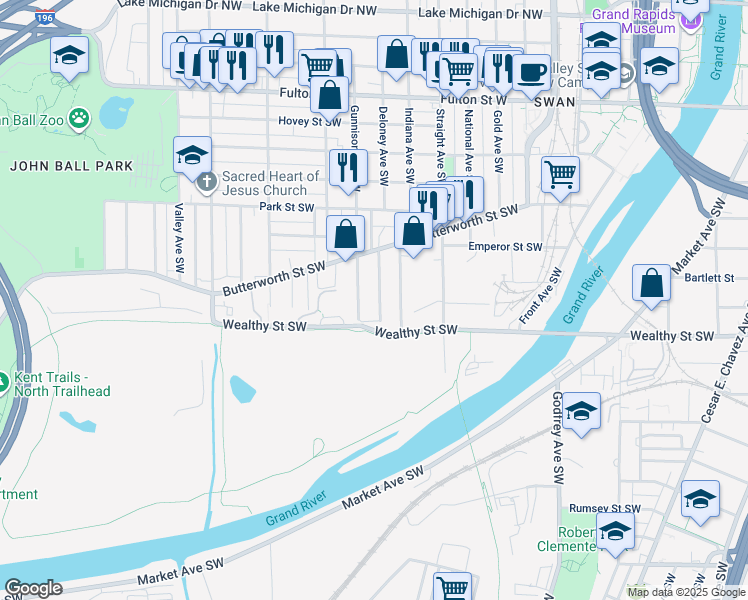 map of restaurants, bars, coffee shops, grocery stores, and more near 357 Hogadone Avenue Southwest in Grand Rapids