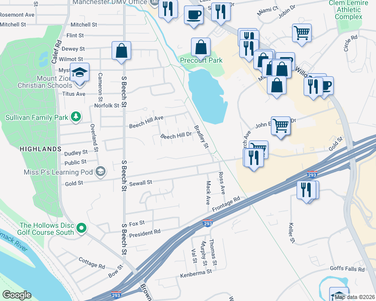 map of restaurants, bars, coffee shops, grocery stores, and more near 30 Sentinel Court in Manchester