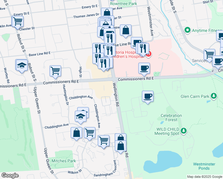 map of restaurants, bars, coffee shops, grocery stores, and more near 493 Wellington Road in London