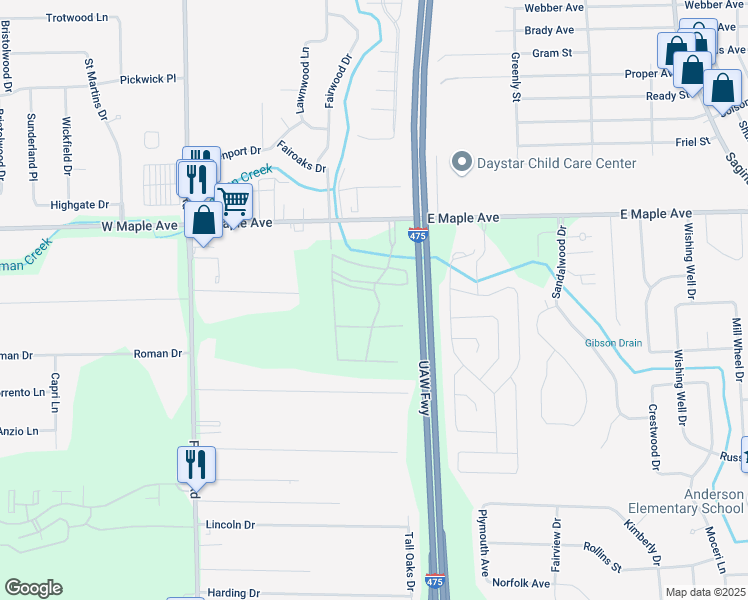 map of restaurants, bars, coffee shops, grocery stores, and more near 5101 Maplebrook Lane in Flint