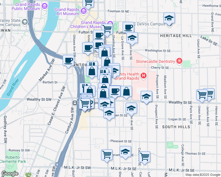 map of restaurants, bars, coffee shops, grocery stores, and more near 319 Sheldon Boulevard Southeast in Grand Rapids