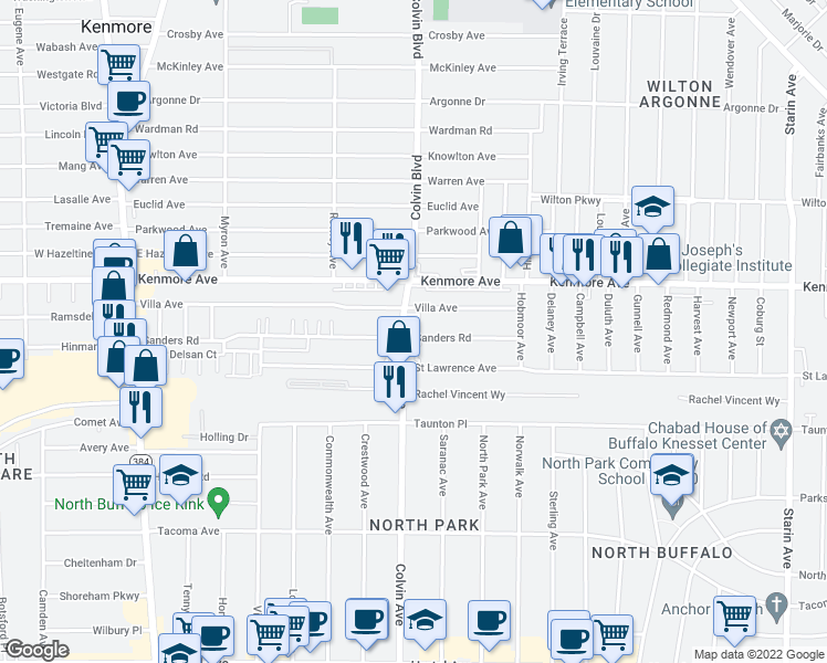 map of restaurants, bars, coffee shops, grocery stores, and more near 307 Sanders Road in Buffalo