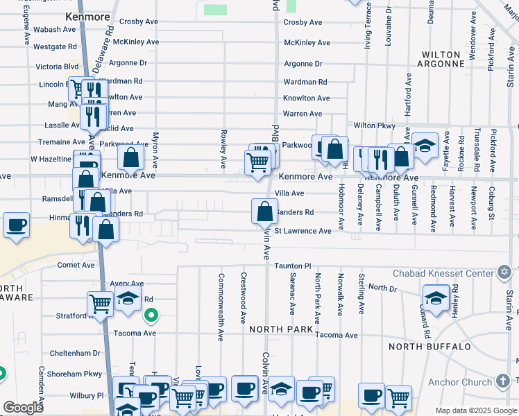 map of restaurants, bars, coffee shops, grocery stores, and more near 265 Sanders Road in Buffalo