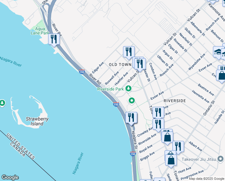 map of restaurants, bars, coffee shops, grocery stores, and more near 2801 Niagara Street in Buffalo