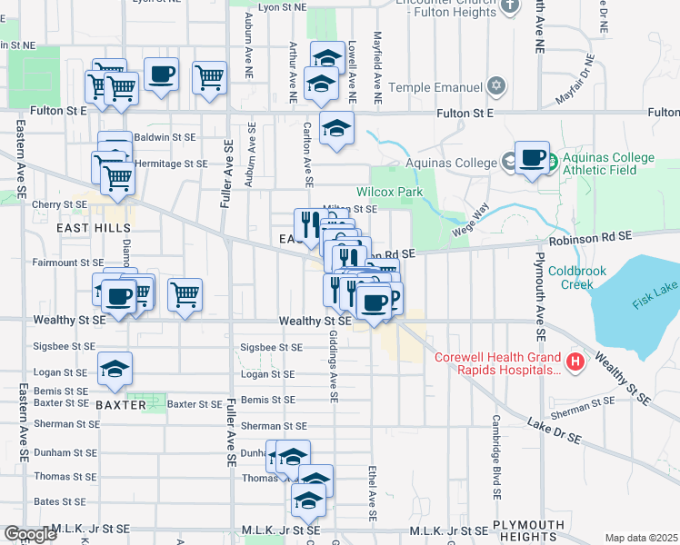 map of restaurants, bars, coffee shops, grocery stores, and more near 1400 Lake Drive Southeast in East Grand Rapids