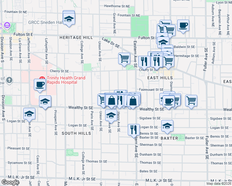 map of restaurants, bars, coffee shops, grocery stores, and more near 316 Henry Avenue Southeast in Grand Rapids