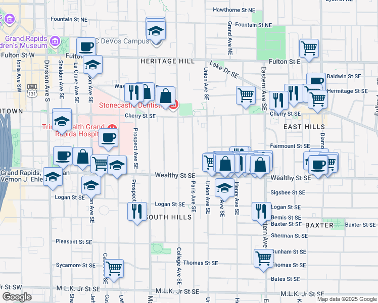 map of restaurants, bars, coffee shops, grocery stores, and more near 315 Paris Avenue Southeast in Grand Rapids