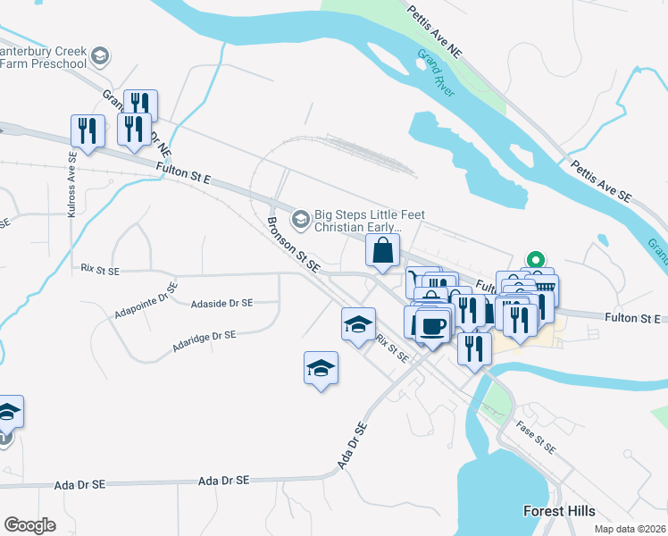 map of restaurants, bars, coffee shops, grocery stores, and more near 7050 Bronson Street Southeast in Ada
