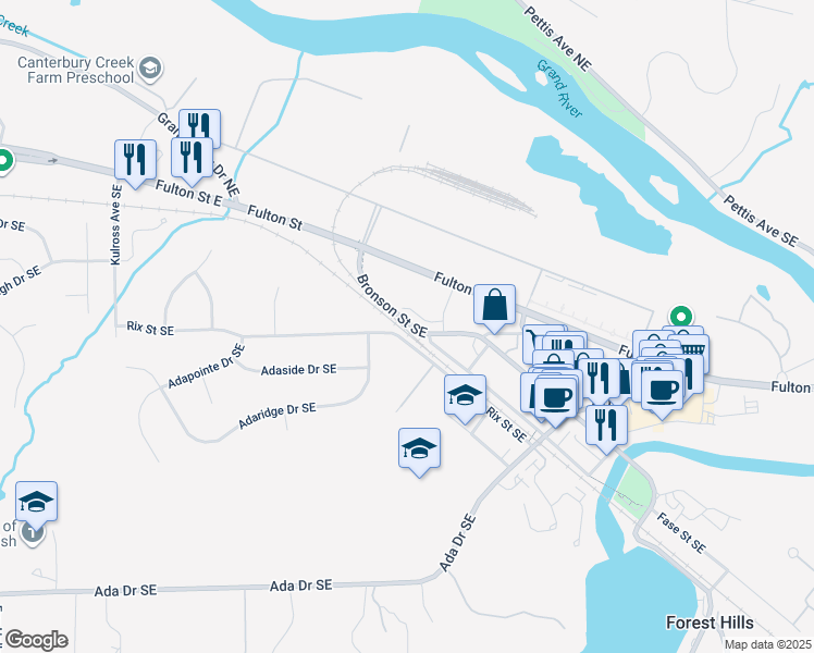 map of restaurants, bars, coffee shops, grocery stores, and more near 7050 Bronson Street Southeast in Ada