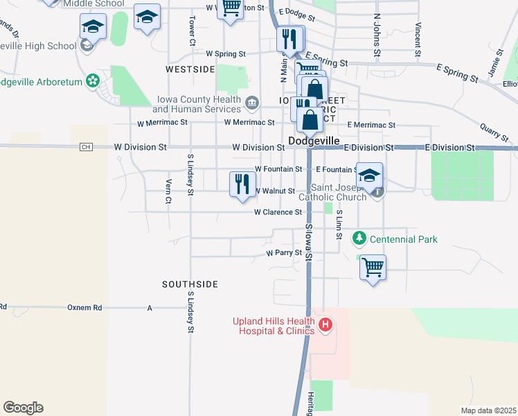 map of restaurants, bars, coffee shops, grocery stores, and more near 302 West Clarence Street in Dodgeville