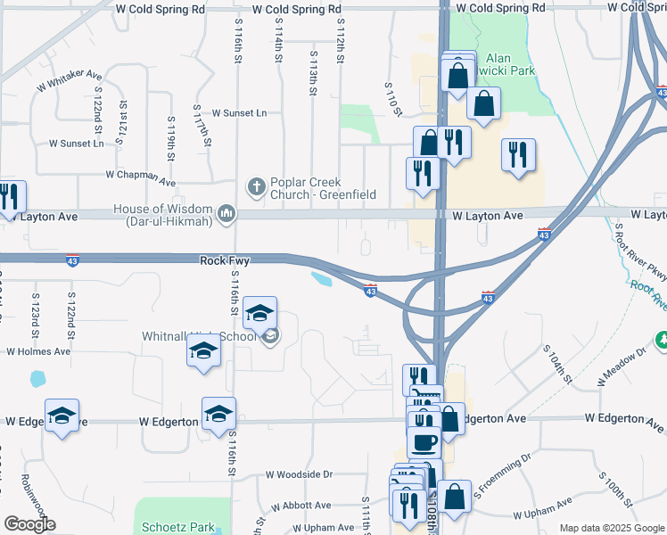 map of restaurants, bars, coffee shops, grocery stores, and more near Rock Freeway in Greenfield