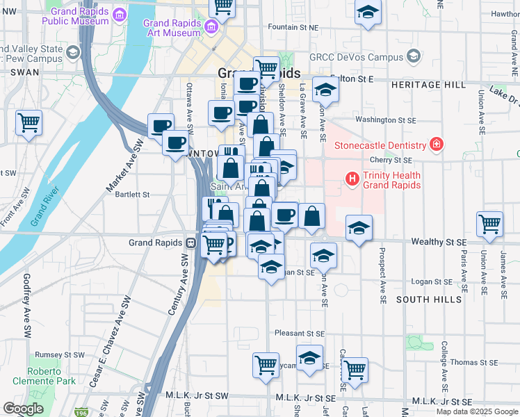 map of restaurants, bars, coffee shops, grocery stores, and more near 323 Division Avenue South in Grand Rapids