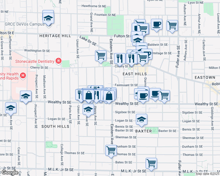 map of restaurants, bars, coffee shops, grocery stores, and more near 309 Eastern Avenue Southeast in Grand Rapids