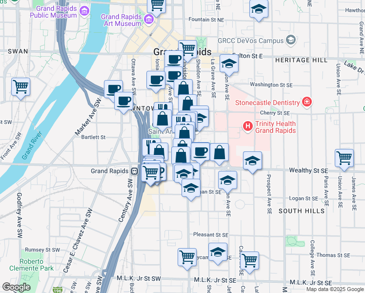 map of restaurants, bars, coffee shops, grocery stores, and more near 323 Division Avenue South in Grand Rapids