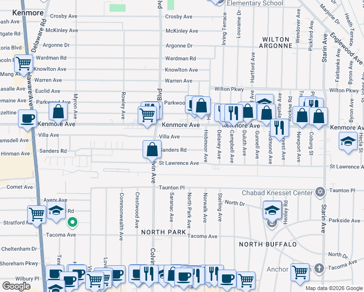 map of restaurants, bars, coffee shops, grocery stores, and more near 347 Sanders Road in Buffalo