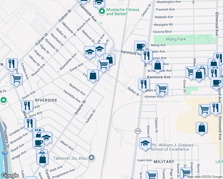 map of restaurants, bars, coffee shops, grocery stores, and more near 12 Newfield Street in Buffalo