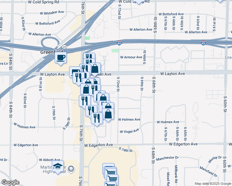 map of restaurants, bars, coffee shops, grocery stores, and more near 4825 South 72nd Street in Greenfield