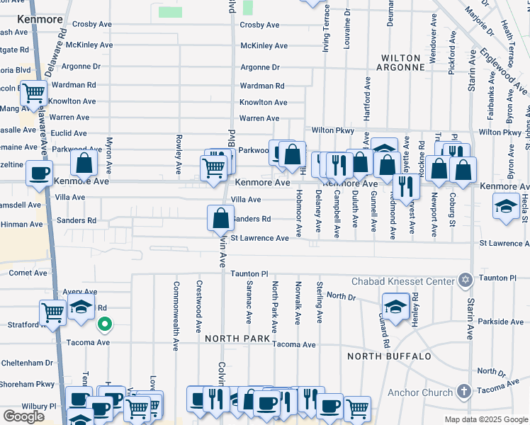 map of restaurants, bars, coffee shops, grocery stores, and more near 347 Sanders Road in Buffalo