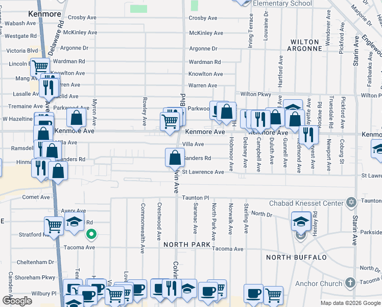 map of restaurants, bars, coffee shops, grocery stores, and more near 307 Sanders Road in Buffalo
