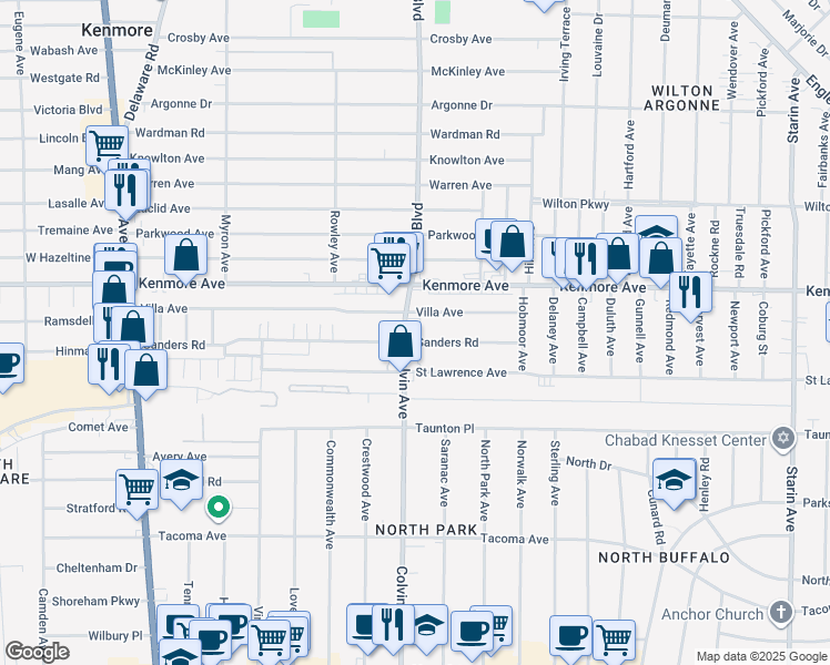 map of restaurants, bars, coffee shops, grocery stores, and more near 307 Sanders Road in Buffalo
