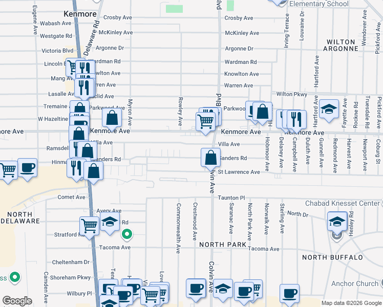 map of restaurants, bars, coffee shops, grocery stores, and more near 227 Sanders Road in Buffalo