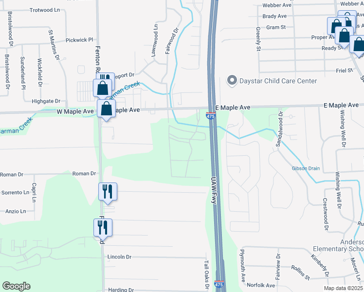 map of restaurants, bars, coffee shops, grocery stores, and more near 5101 Maplebrook Lane in Flint