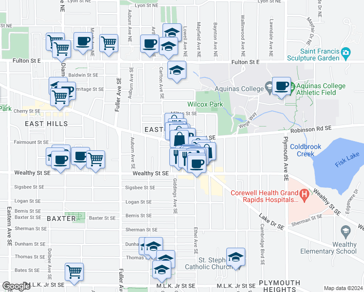 map of restaurants, bars, coffee shops, grocery stores, and more near 1443 Genessee Street Southeast in Grand Rapids