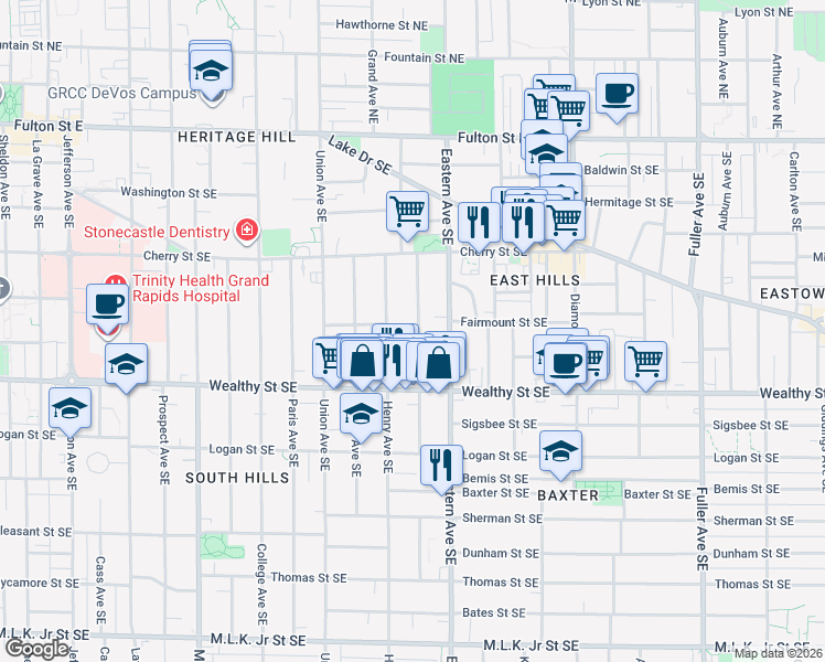 map of restaurants, bars, coffee shops, grocery stores, and more near 316 Henry Avenue Southeast in Grand Rapids