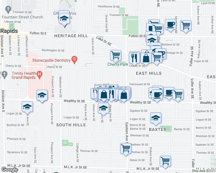 map of restaurants, bars, coffee shops, grocery stores, and more near 316 Henry Avenue Southeast in Grand Rapids
